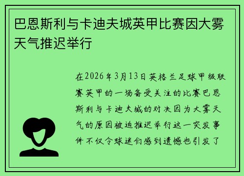 巴恩斯利与卡迪夫城英甲比赛因大雾天气推迟举行 巴恩斯利与卡迪夫城英甲比赛因大雾天气推迟举行