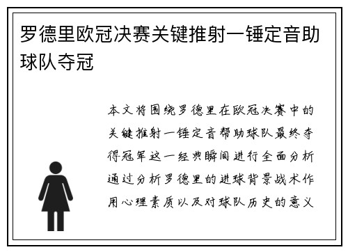 罗德里欧冠决赛关键推射一锤定音助球队夺冠
